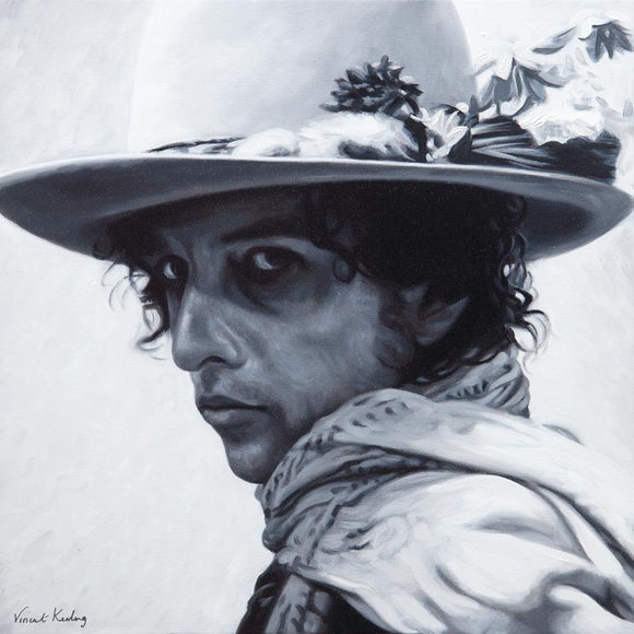 Portrait painting of Bob Dylan, in hat with feathers, in black and white