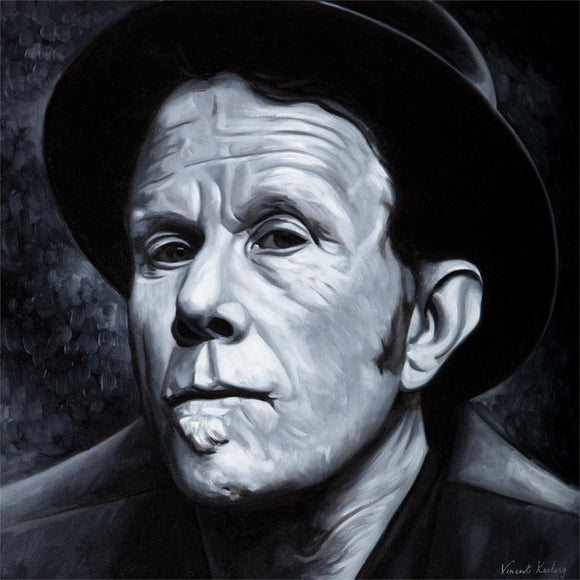 Black and white print, of Singer Tom Waits, from portrait painting, by Vincent Keeling