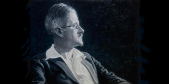 Oil painting of James Joyce in black and white by Irish artist Vincent Keeling