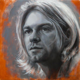 Painting of Kurt Cobain in oils. Back and white for the portrait with a transparent red oxide in the background. 
