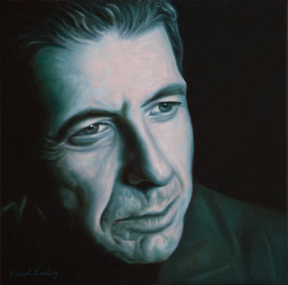 Portrait painting of Leonard Cohen in a cool green and pale pink