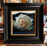 Framed painting of small white rose - black frame with gold slip