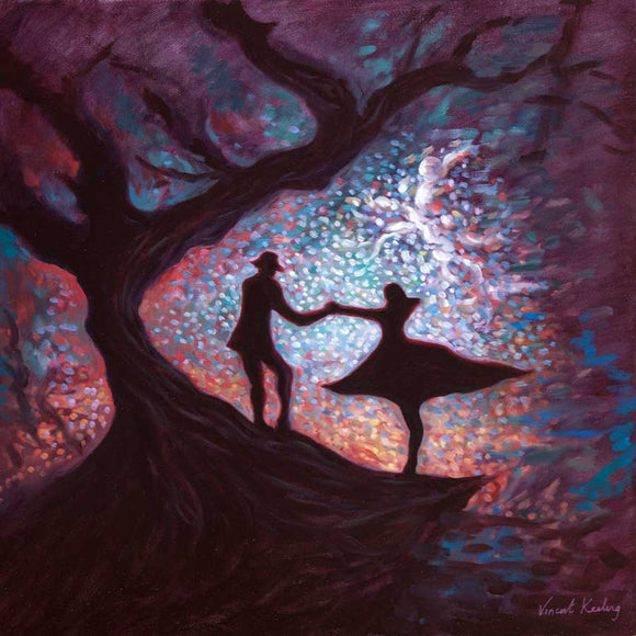 Magical setting with a man leading, or inviting a girl to follow him up a mysterious tree