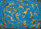 Swirling semi abstract figure forms in gold and blue