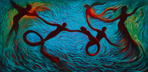 Human Creation - Oil painting of figures entwined against a blue swirling background