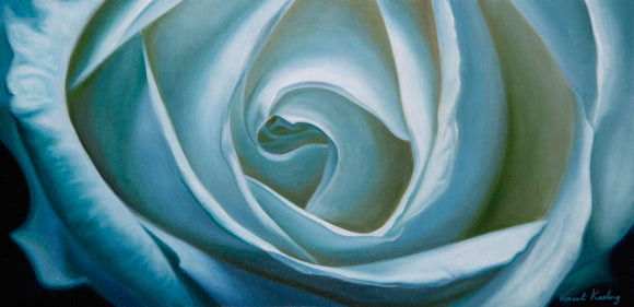 Oil painting of a white rose, in tones of blue and green, and titled 