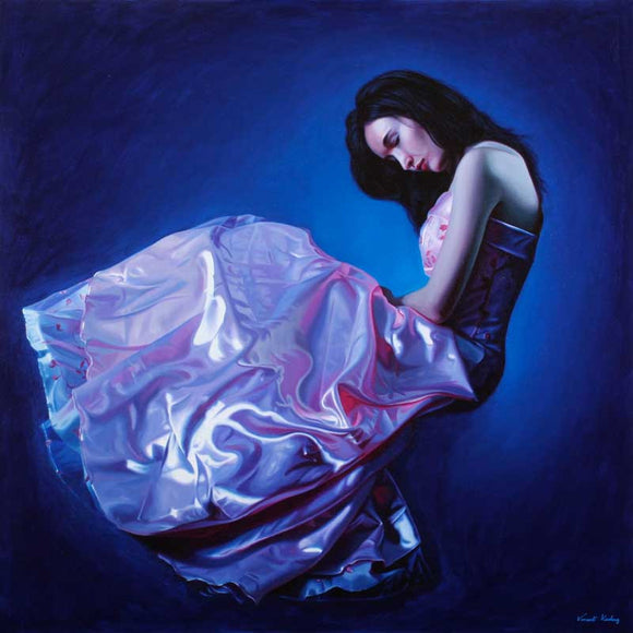 Print of a girl in a lush satin dress seemingly floating against a blue background